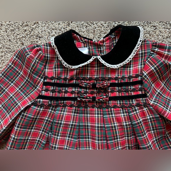 Vintage Bonnie Jean Red and Black Plaid Christmas Dress Velvet Trim lace - Picture 2 of 11